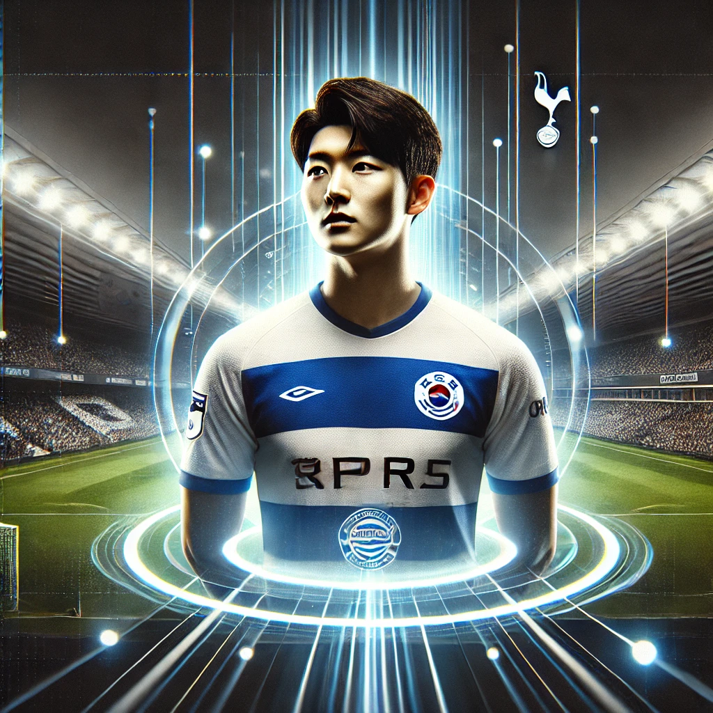"QPR 유니폼을 입고 새로운 도전에 나서는 양민혁, 그의 토트넘 시절을 반영한 하이테크 스포츠 그래픽 사진