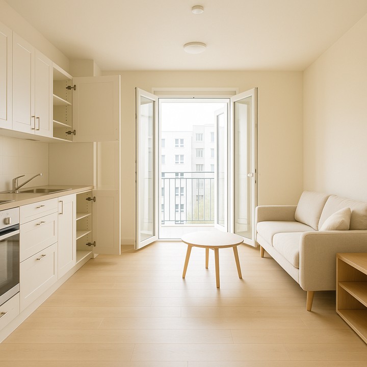 새 가구의 문이 활짝 열려 내부가 통풍되는 모습