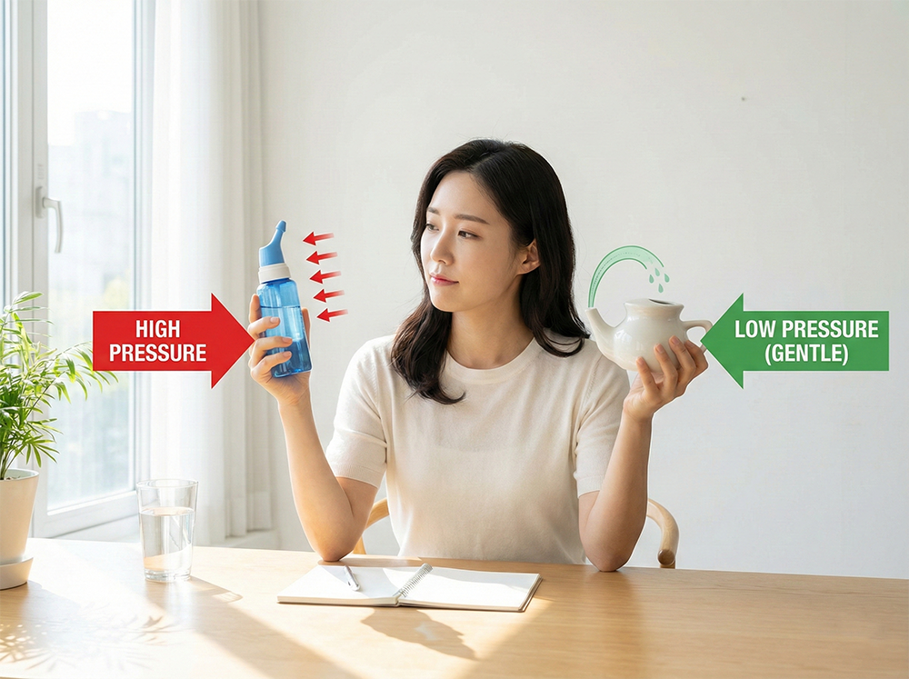 코세척, 네티팟, 분무형, 압력, 비교, 도구, 선택