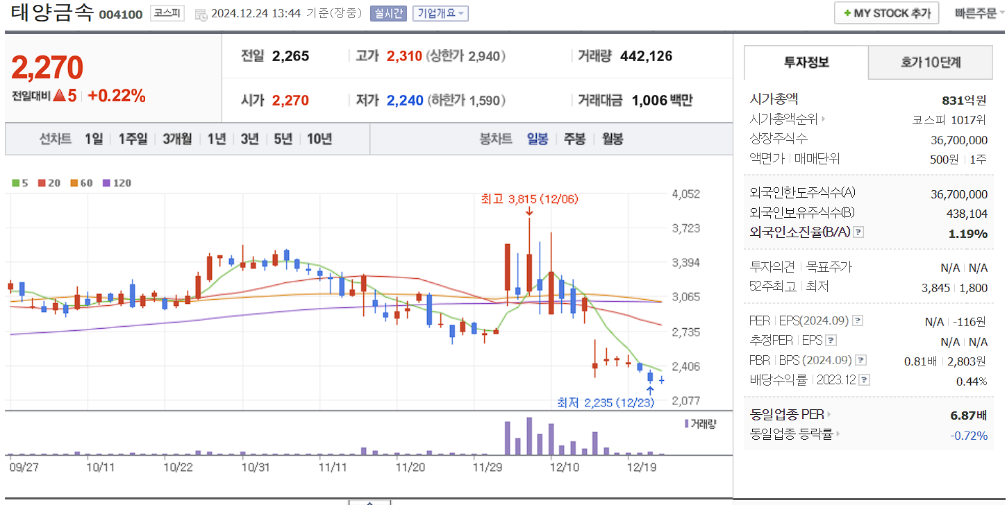 홍준표 관련주 대장주 태양금속 일봉 차트