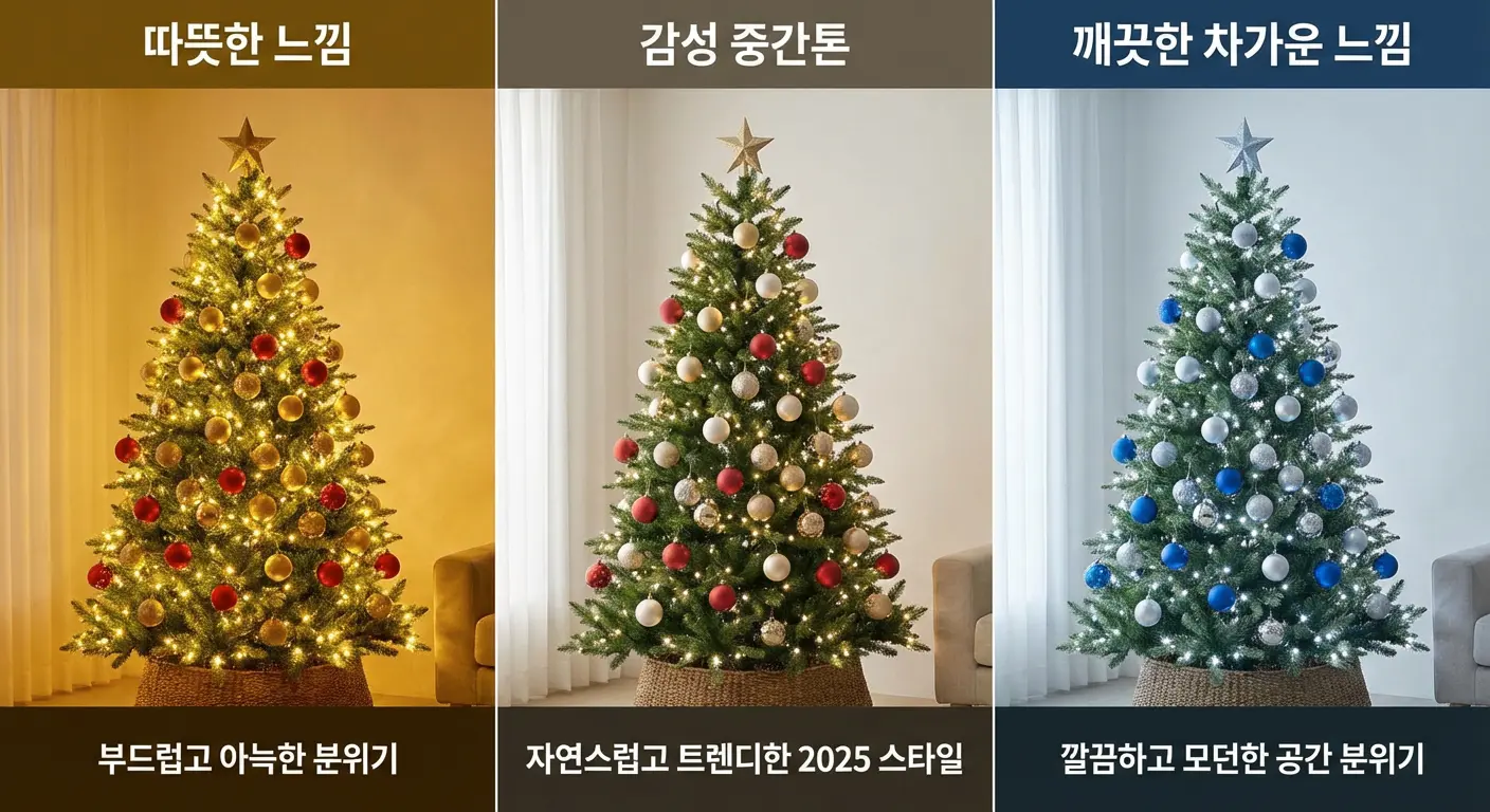 크리스마스 트리를 따뜻한 빛&amp;#44; 자연스러운 흰빛&amp;#44; 차가운 흰빛으로 비교한 3분할 이미지