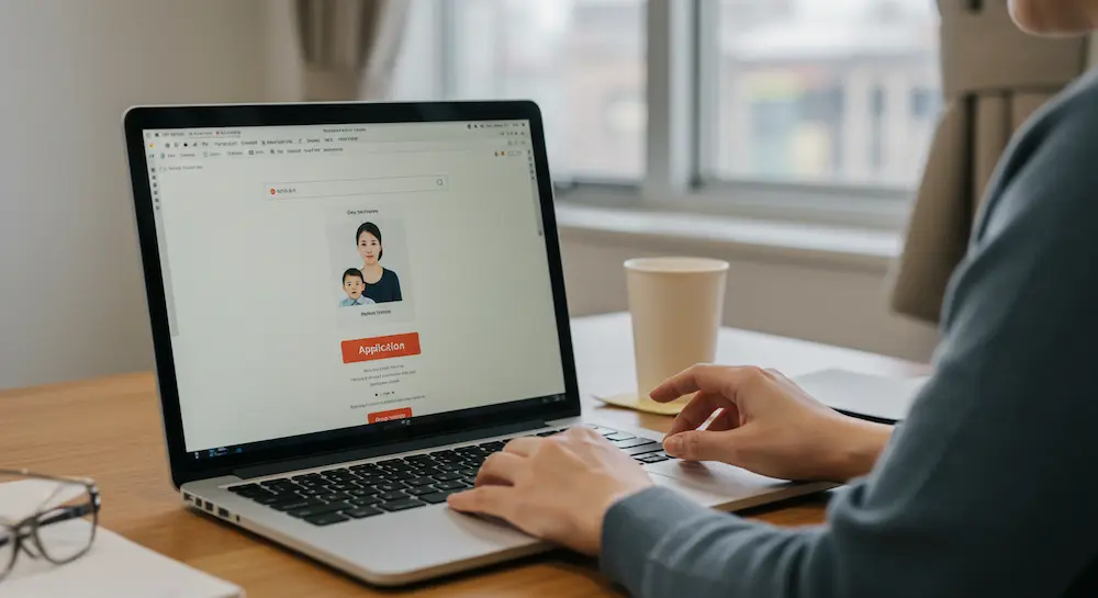 노트북으로 경기도 가족돌봄수당 온라인 신청하는 양육자 모습