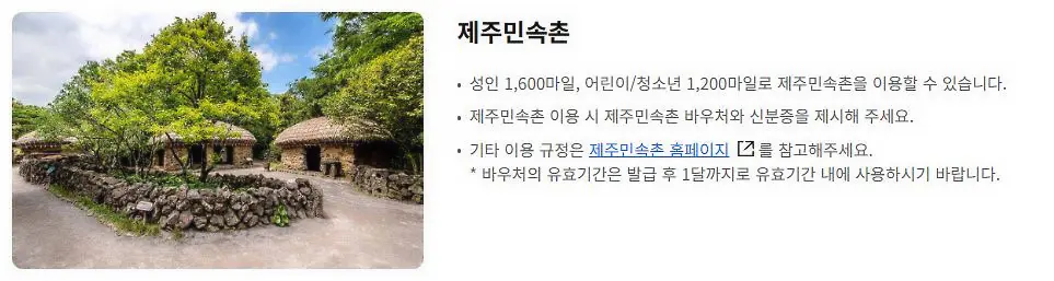 대항한공-스카이패스-마일리지-사용처-제주민속촌-입장권-교환