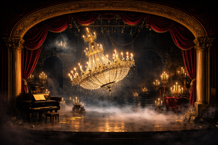 프로시니엄 아치 아래 공중에 멈춰선 거대한 샹들리에와 안개가 자욱한 지하 미궁 세트의 극적인 연출 장면이다.