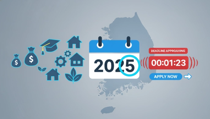 2025년 마감이 임박한 정부 지원금을 다양한 아이콘으로 표현한 이미지.
