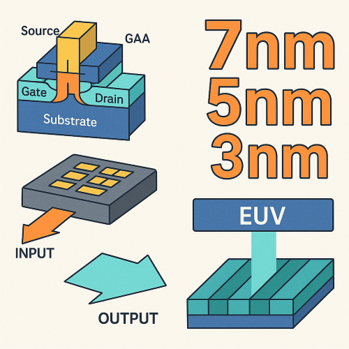 7nm, 5nm, 3nm 반도체 공정 진화를 시각화한 이미지 – GAA 트랜지스터 구조, 전력 흐름, EUV 리소그래피 기술 포함