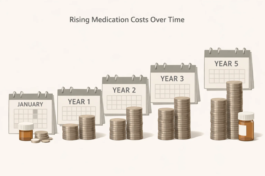 스타틴을 장기간 복용할 때 연도별로 누적되는 약값 부담을 나타낸 그래픽