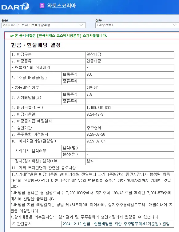 와토스코리아(079000) 2025년 배당금, 배당일, 배당락일