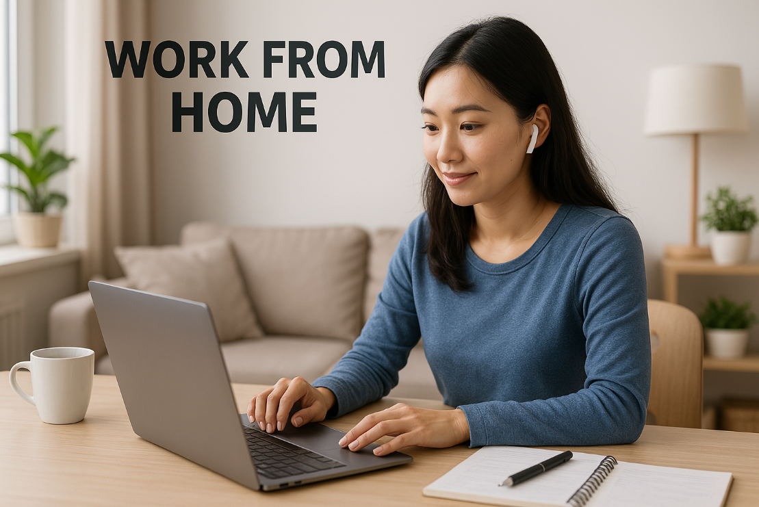 재택근무를 표현한 사진입니다. 한 여성이 이어팟을 착용하고 노트북을 보며 업무를 하고 있는 사진입니다