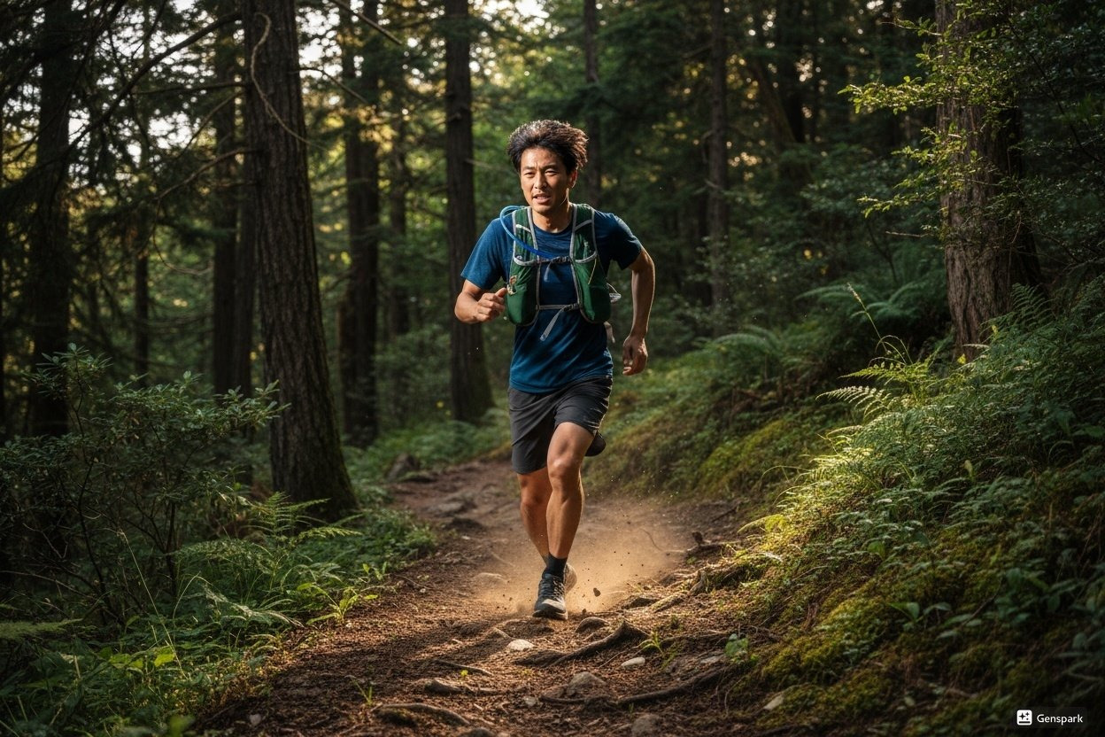 러닝 배낭을 메고 트레일 다운힐을 역동적으로 내려오는 40대 러너의 모습