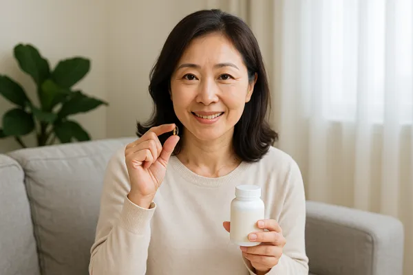 루테인 영양제 들고 미소짓는 여성