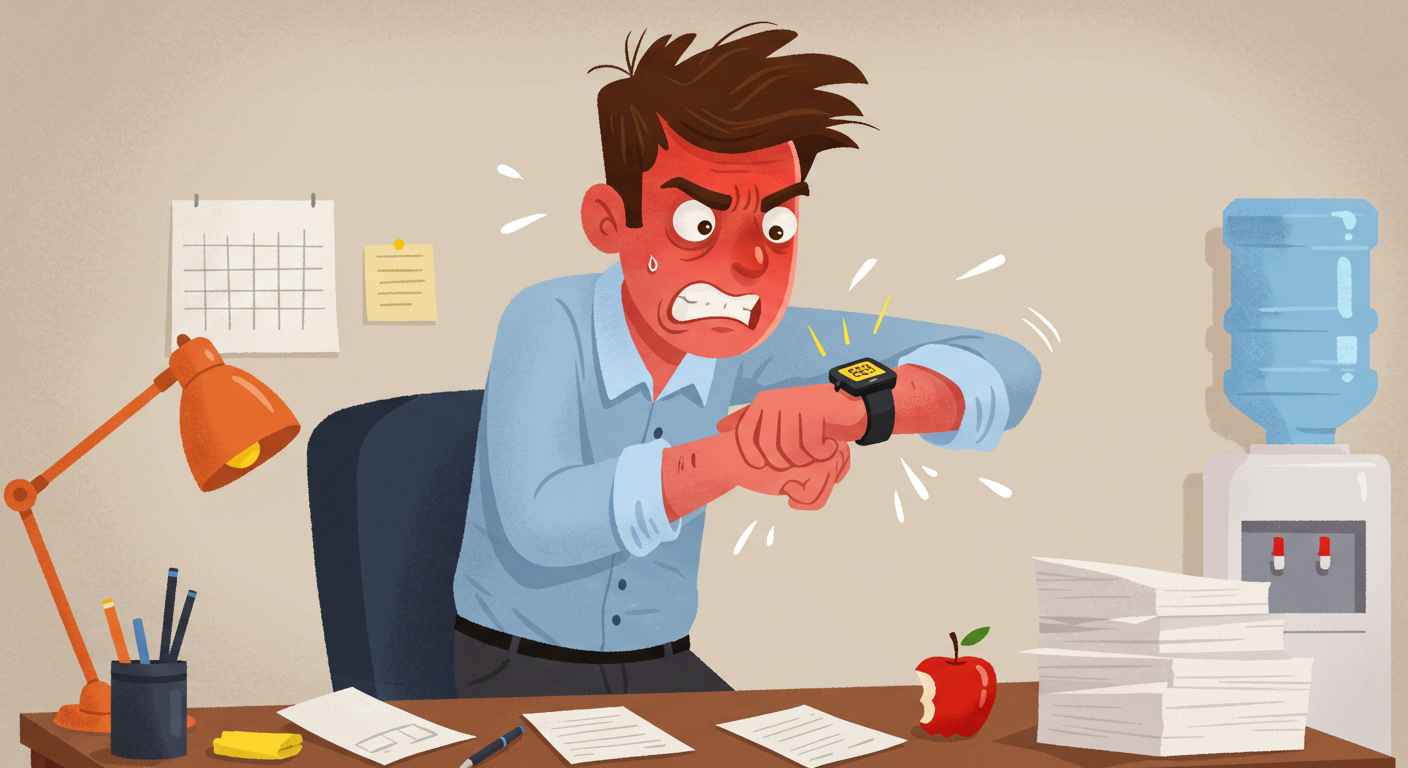 배고픈 직장인이 시계를 보며 예민한 표정을 짓는 장면