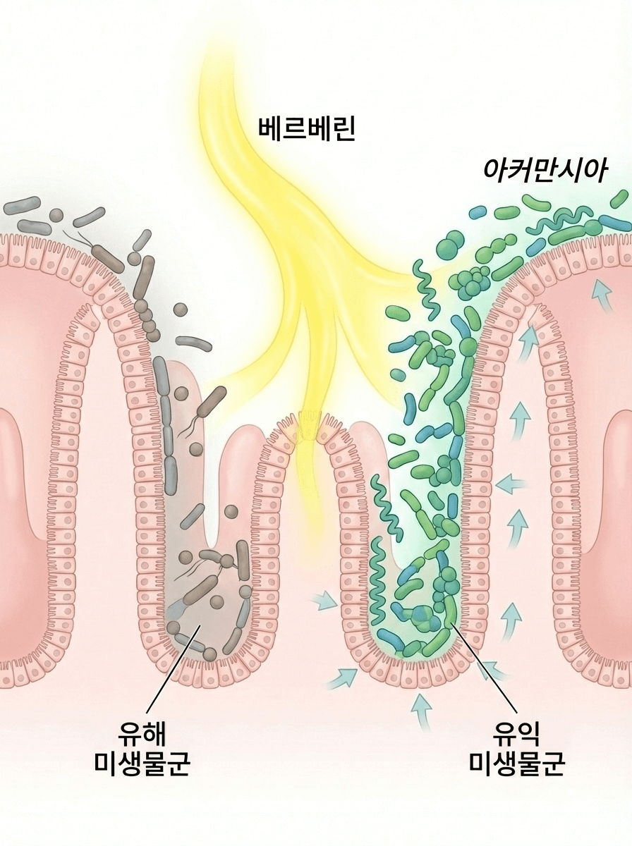 베르베린이 장내 유해균을 억제하고 Akkermansia 등 유익균 비율을 높이는 장내 미생물 리모델링 개념 이미지