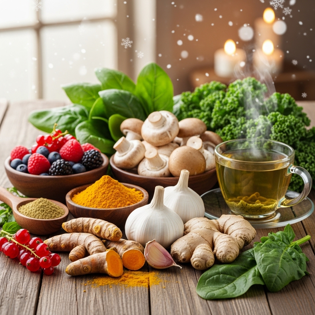 2025년 겨울, 면역력 강화를 위한 블루베리, 강황, 버섯, 마늘, 생강, 시금치, 녹차 등 다채로운 슈퍼 푸드들이 아늑한 실내에 놓여있는 모습