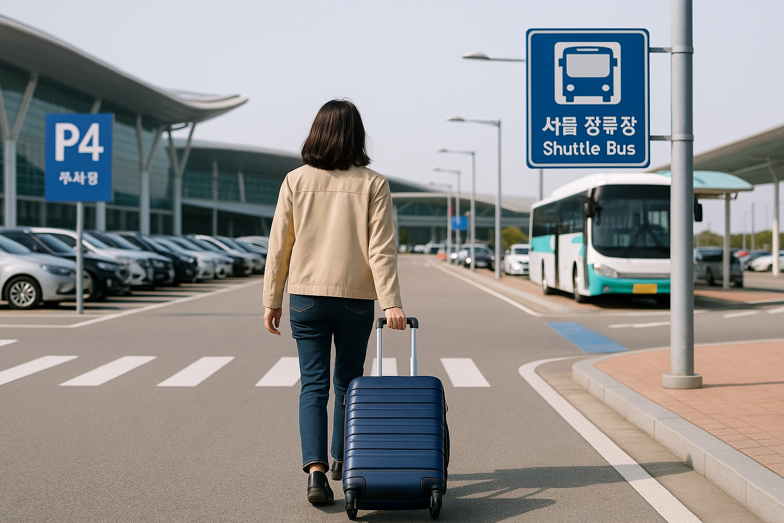 P4 구역에서 캐리어를 끌고 셔틀 정류장으로 향하는 사람