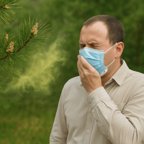 송진가루 때문에 마스크 쓰고 기침하는 남성
