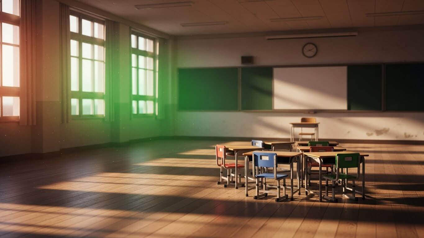 큰교실에 몇개않되는 책걸상이 중간에 모여있다