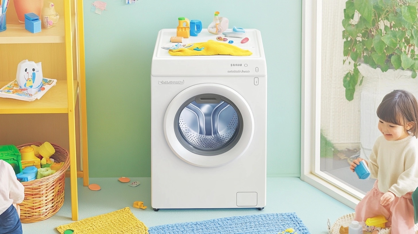 가족 활동이 이루어지는 고요한 가정 환경에서도 조용하게 작동하는 삼성 세탁기의 모습