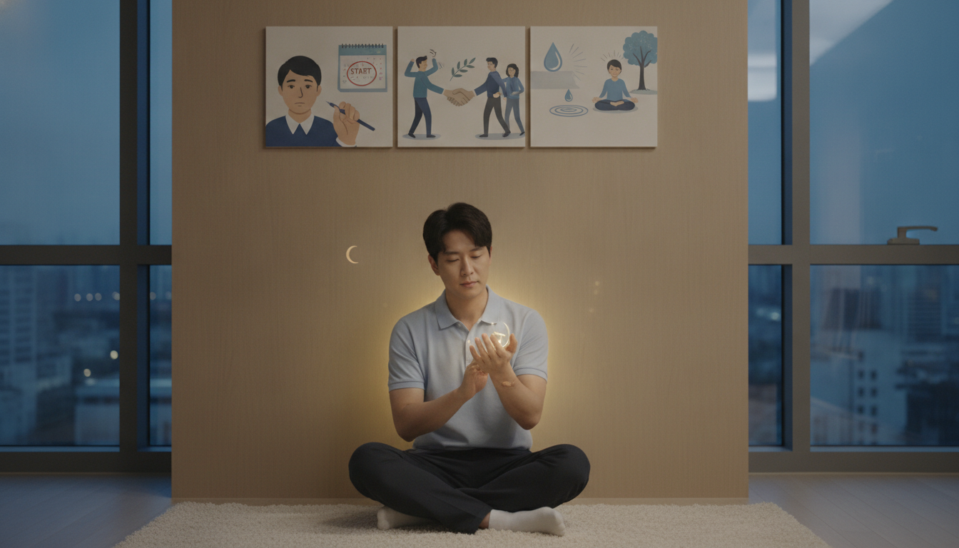 자신의 손을 보며 차분히 성찰하는 한국인. 꿈의 경고를 받아들이고 문제를 해결하려는 의지를 보여줌.