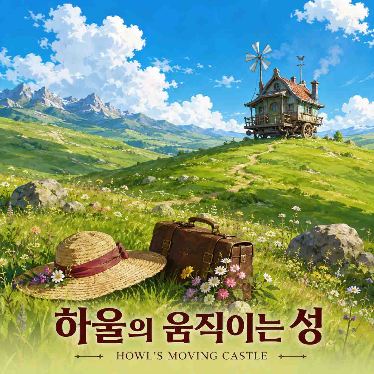 하울의 움직이는 성 영화를 나타내는 이미지, 푸른 하늘과 웅장한 산맥이 펼쳐진 초원을 배경으로 언덕 위 움직이는 집과 들꽃 사이에 여행 가방과 밀짚모자가 놓여 있는 장면
