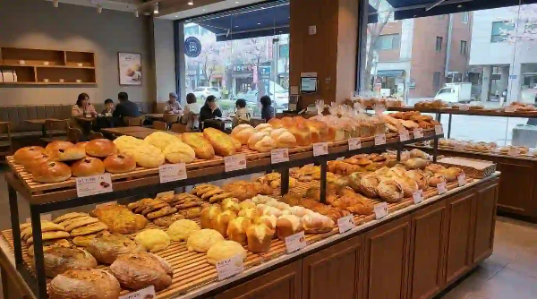 빵집 진열대에 다양한 빵이 진열되어 있음.