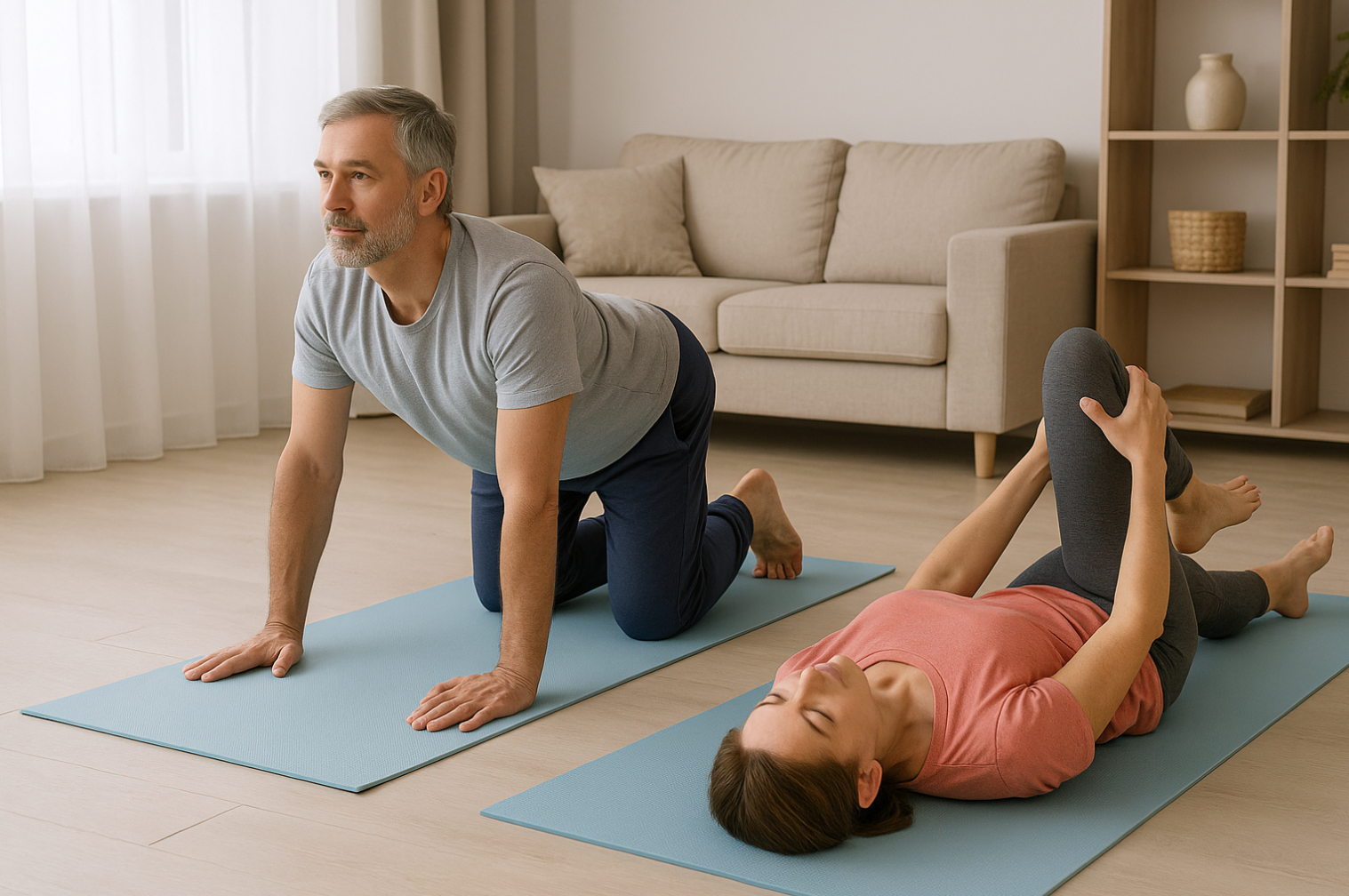 허리디스크 운동하고 있는 중년 부부 사진