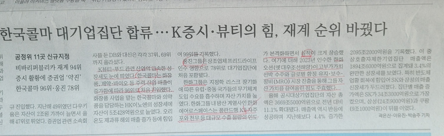 한화그룹이 지정학적 리스크 속에서도 무기 체계 수출과 한화오션의 고부가가치 선박 수주 및 글로벌 함정 유지·보수·정비(MRO) 시장 진출을 통해 자산 가치를 높였다는 내용의 경제 신문 기사.