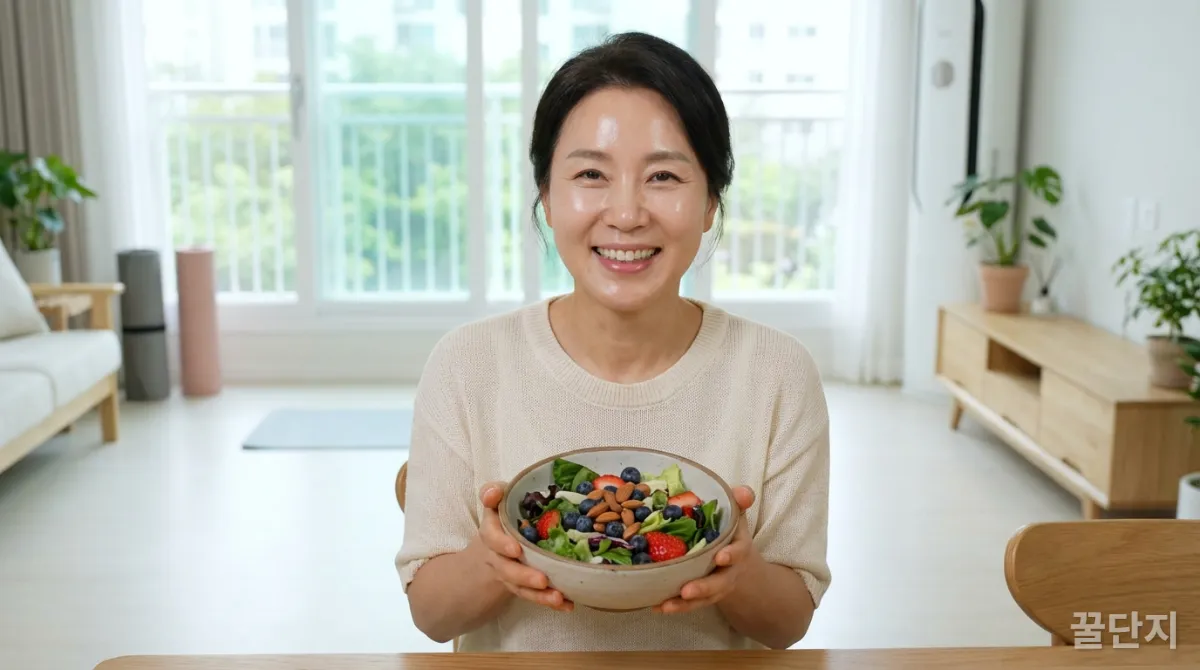 저속노화 식단으로 동안 외모를 유지하는 50대 한국 여성의 모습