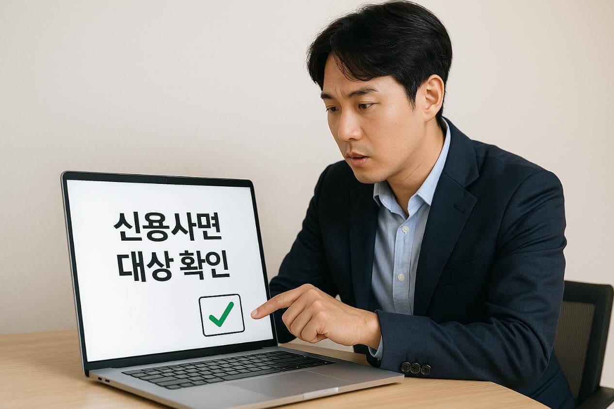 직장인이 노트북에서 신용사면 대상 확인 버튼 클릭하는 모습.
