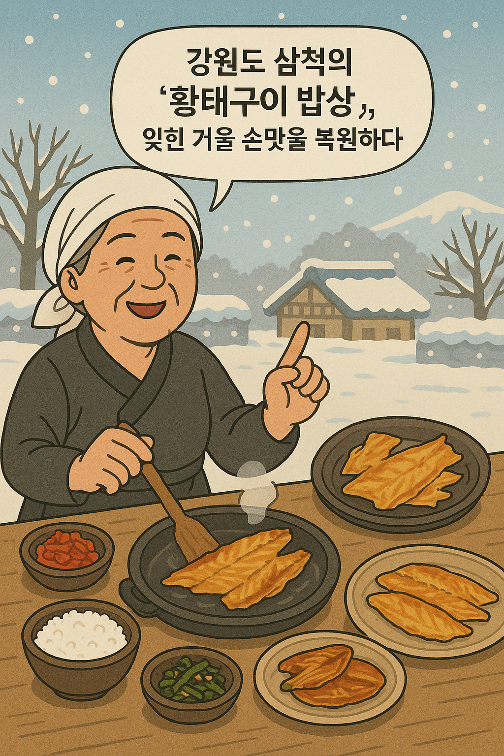 삼척 전통 황태구이 밥상과 겨울 어르신의 조리 장면