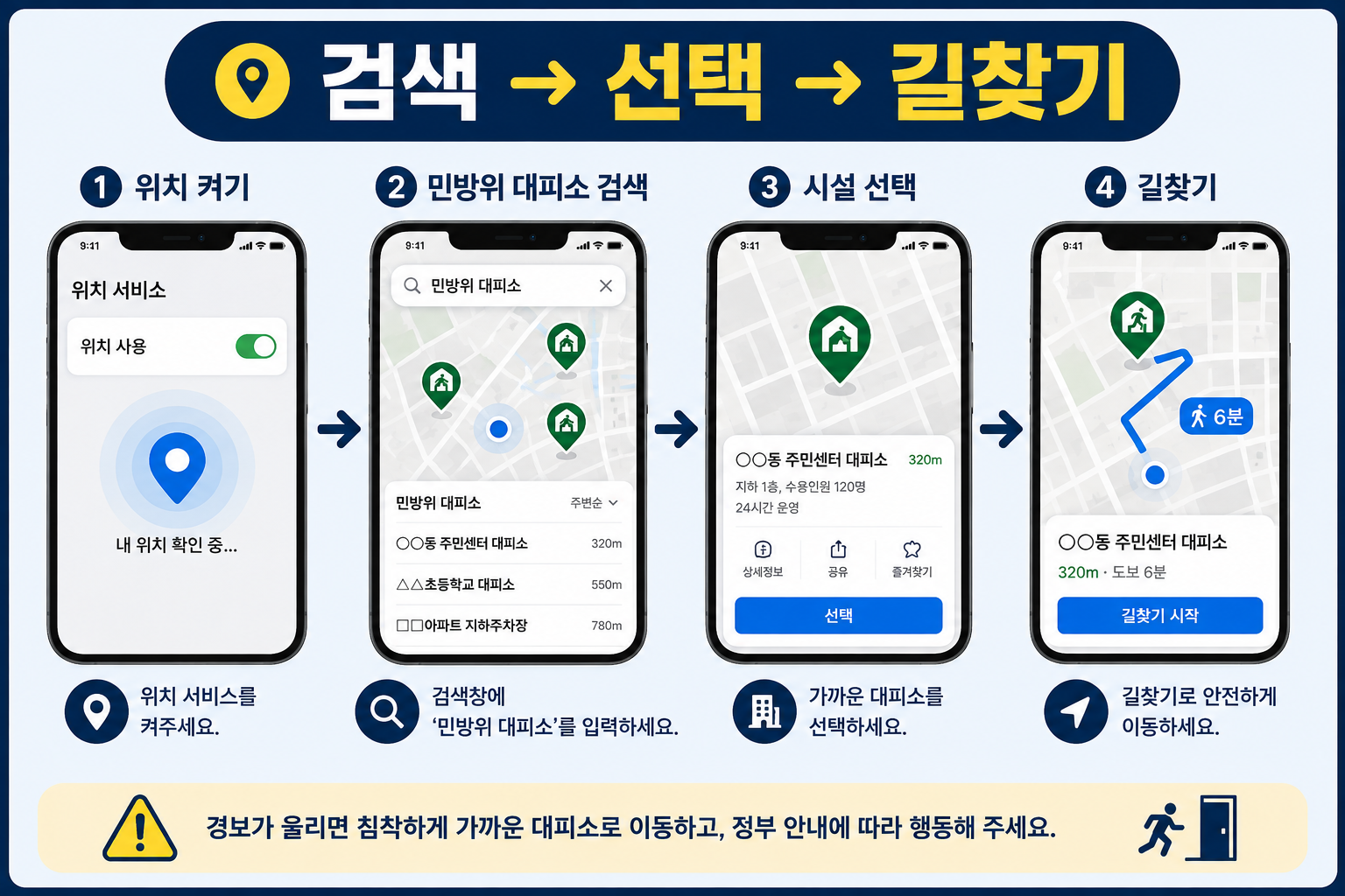 스마트폰 지도 앱 검색창에서 민방위 대피소를 검색하는 순서
