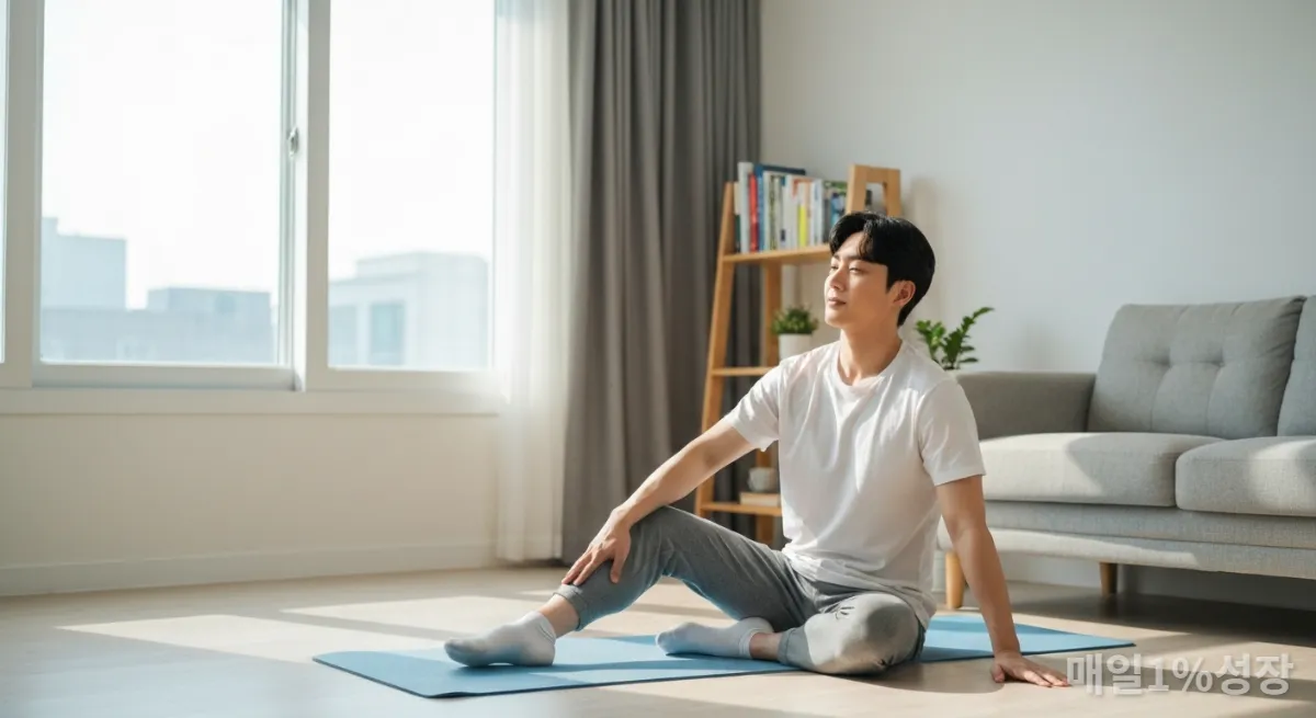 햇살이 비치는 거실에서 요가 매트에 앉아 스트레칭하는 젊은 한국 남성