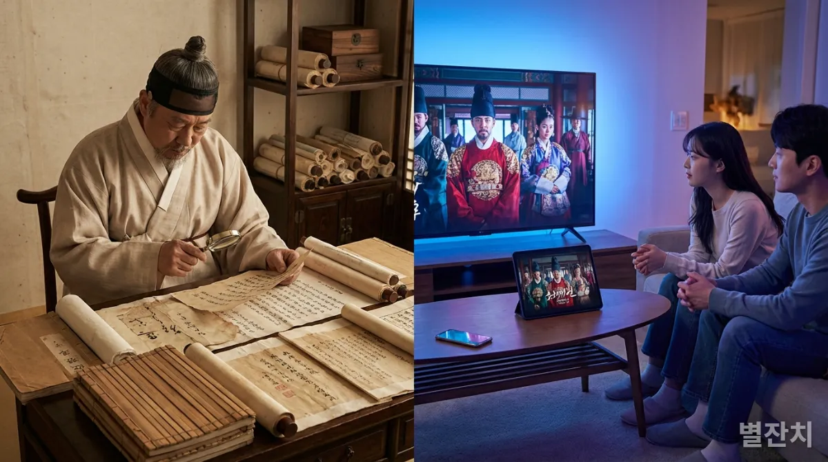 역사 기록과 대중 매체의 영향력을 보여주는 분할 이미지