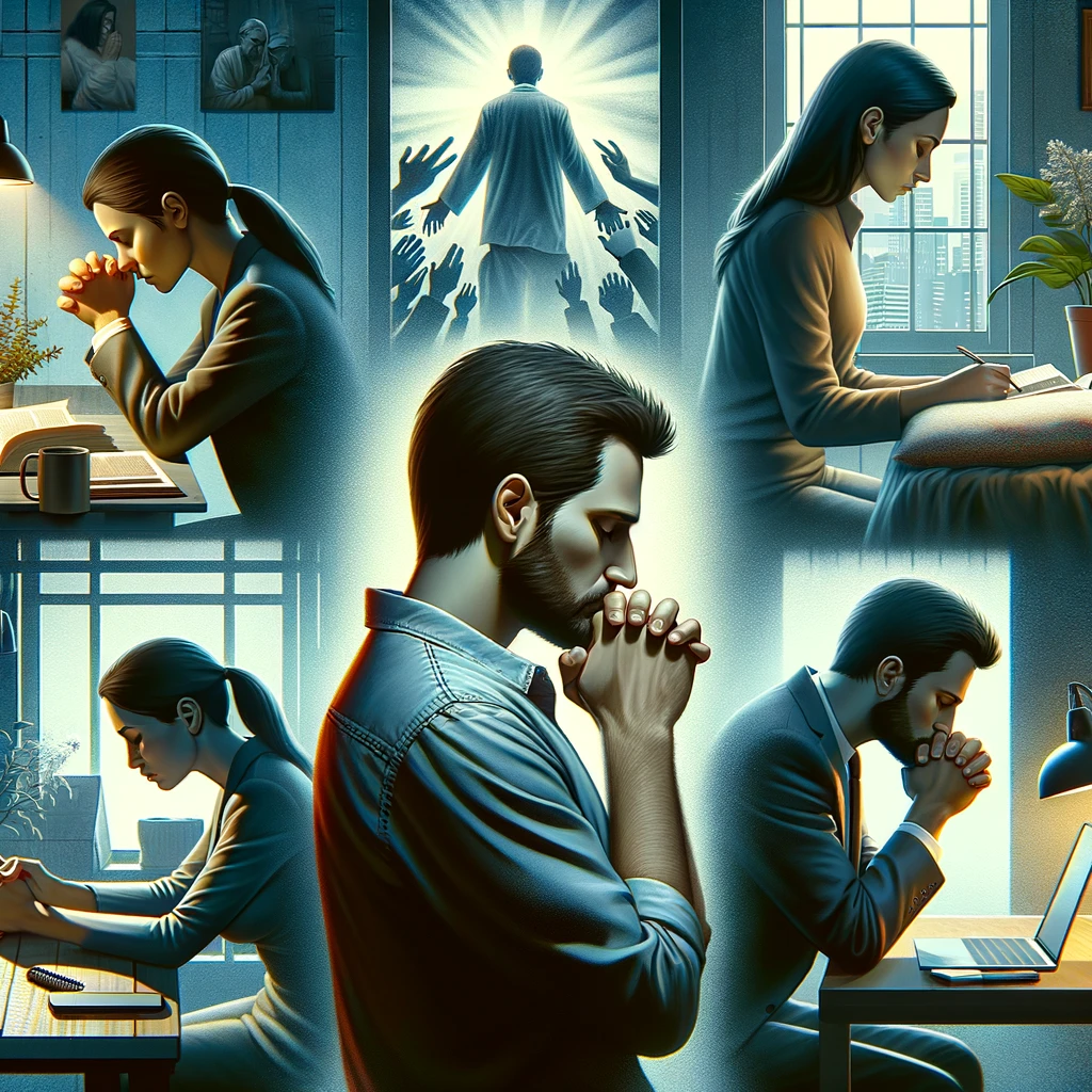 현대인이 바쁜 일상 속에서도 주님의 부르심을 기억하며 하나님을 알아가고 복음을 전하려는 모습을 담은 이미지입니다. 다양한 환경에서 잠시 멈추어 성경을 읽거나 기도하며&amp;#44; 주변 사람들과 믿음에 대해 이야기하는 장면이 그려져 있습니다.