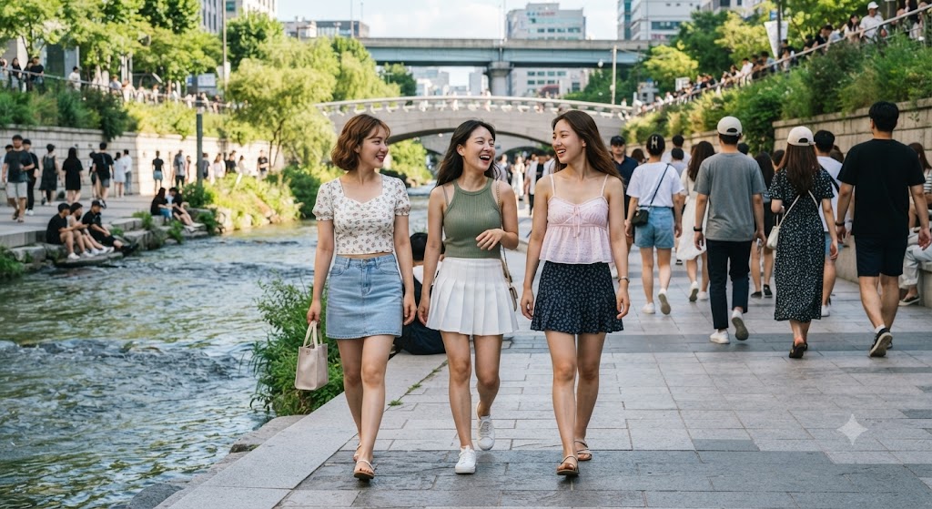 청계천에서 하루 놀러 나온 사람들