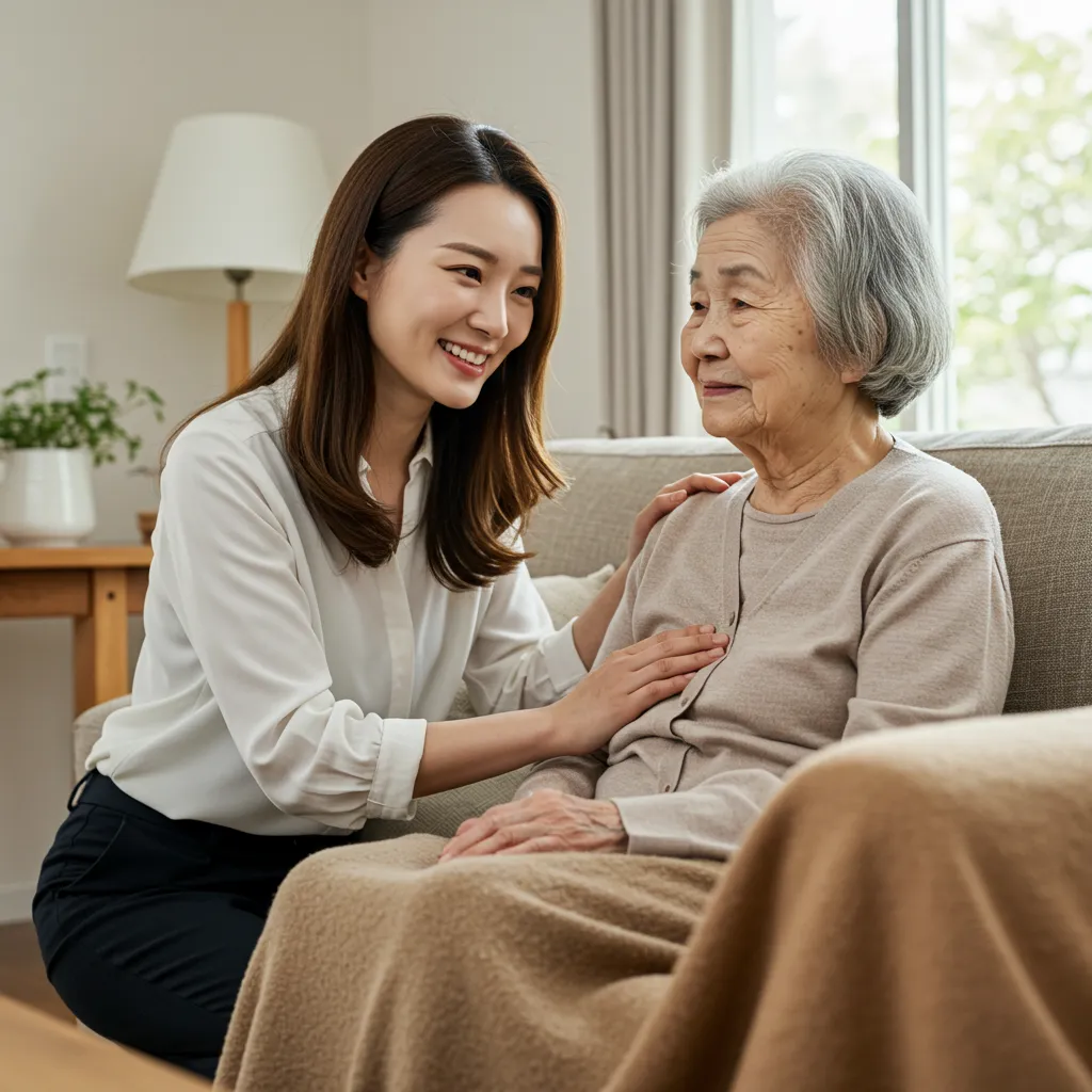 할머니_간병_웃고있는_간병인 여성