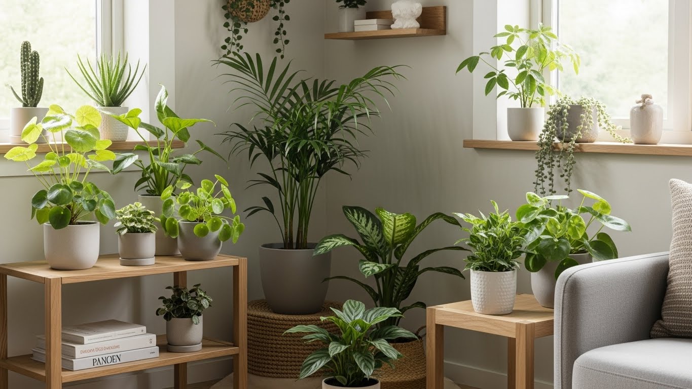 창가 햇빛 아래 다양한 크기의 실내 식물이 조화롭게 배치된 따뜻한 거실 인테리어 공간. 큰 식물과 작은 화분이 자연스럽게 레이어를 이루며 집 분위기를 아늑하게 만드는 장면.
