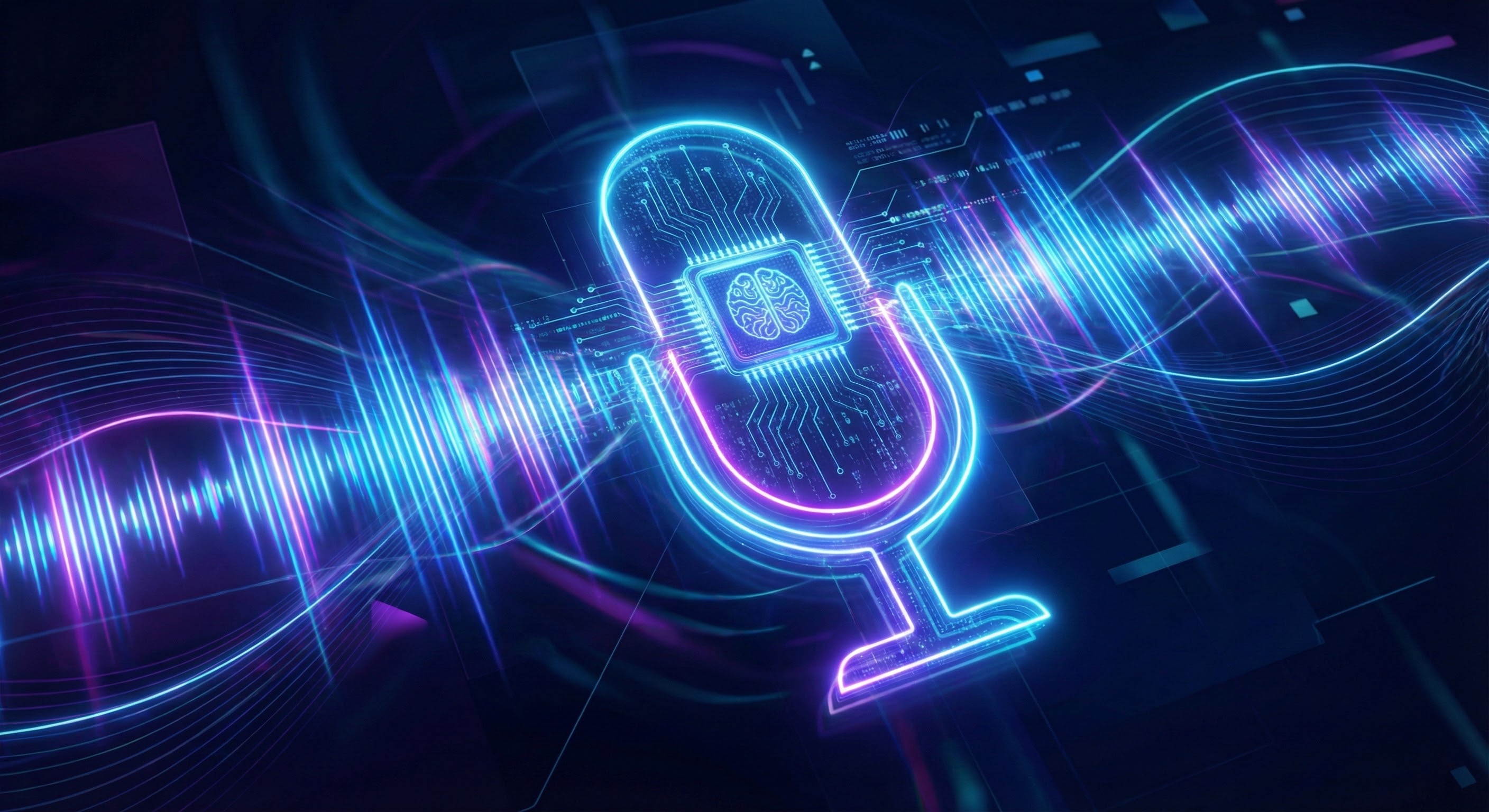 인공지능(AI) 기술이 사운드 데이터를 분석하여 사람의 목소리로 변환하는 과정을 표현한 디지털 이미지