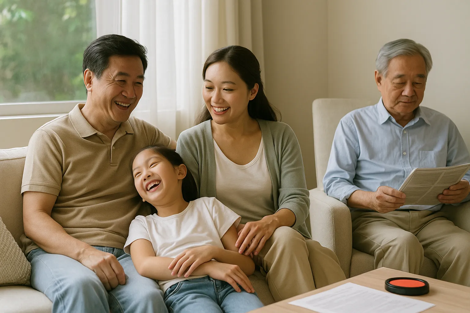 평일 낮 집에서 여유롭게 쉬는 가족 풍경