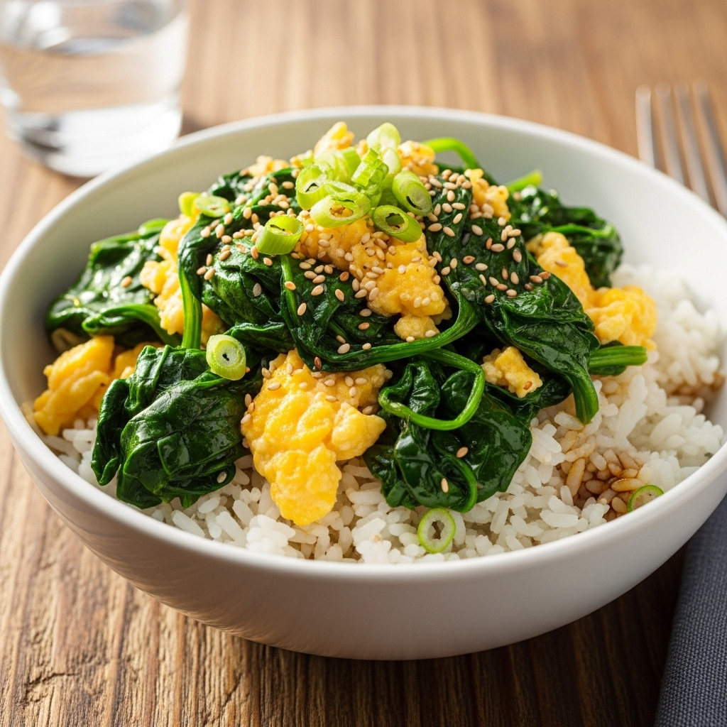 밥 위에 올려 먹는 ‘시금치 달걀덮밥’