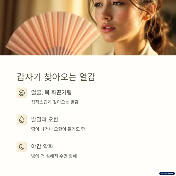 갱년기 증상인 안면홍조와 열감을 부채로 식히는 여성