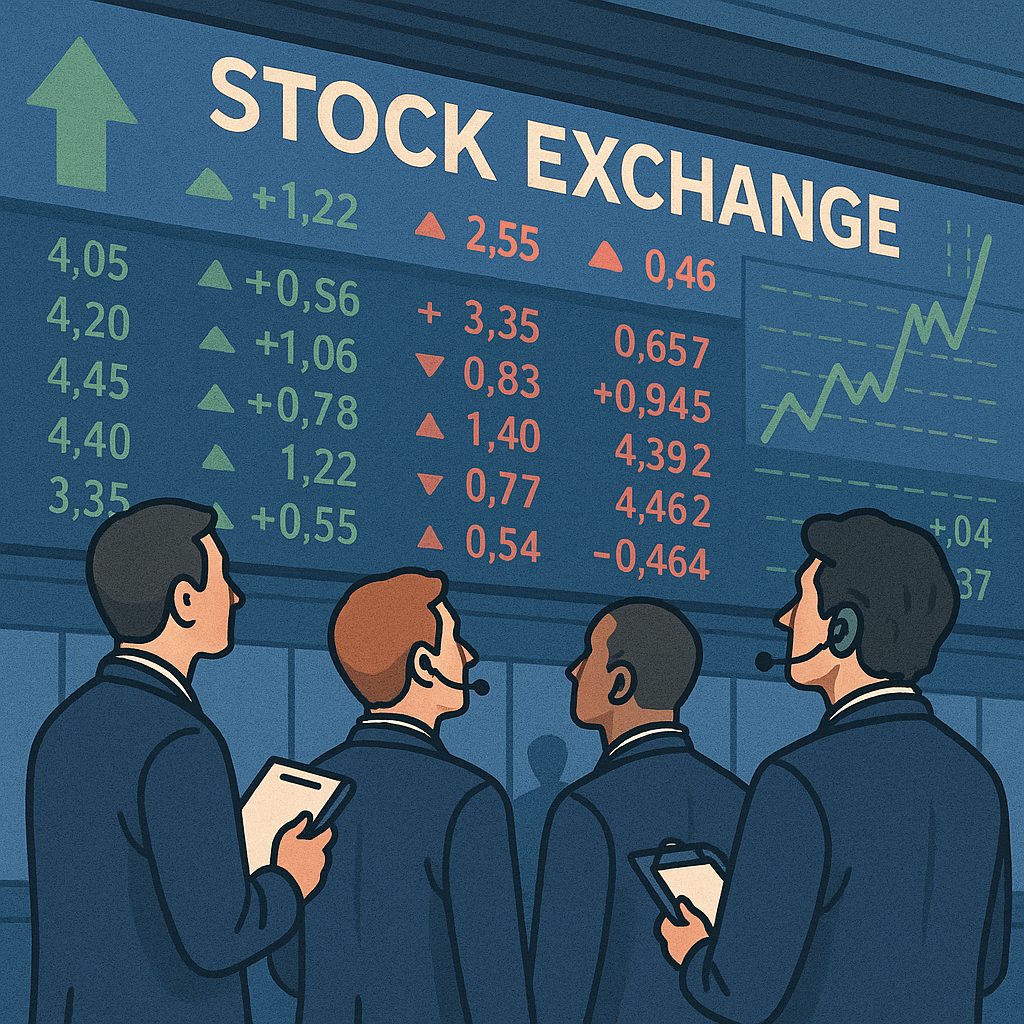 증권 거래소 내부 전광판을 보고 있는 직원들 모습