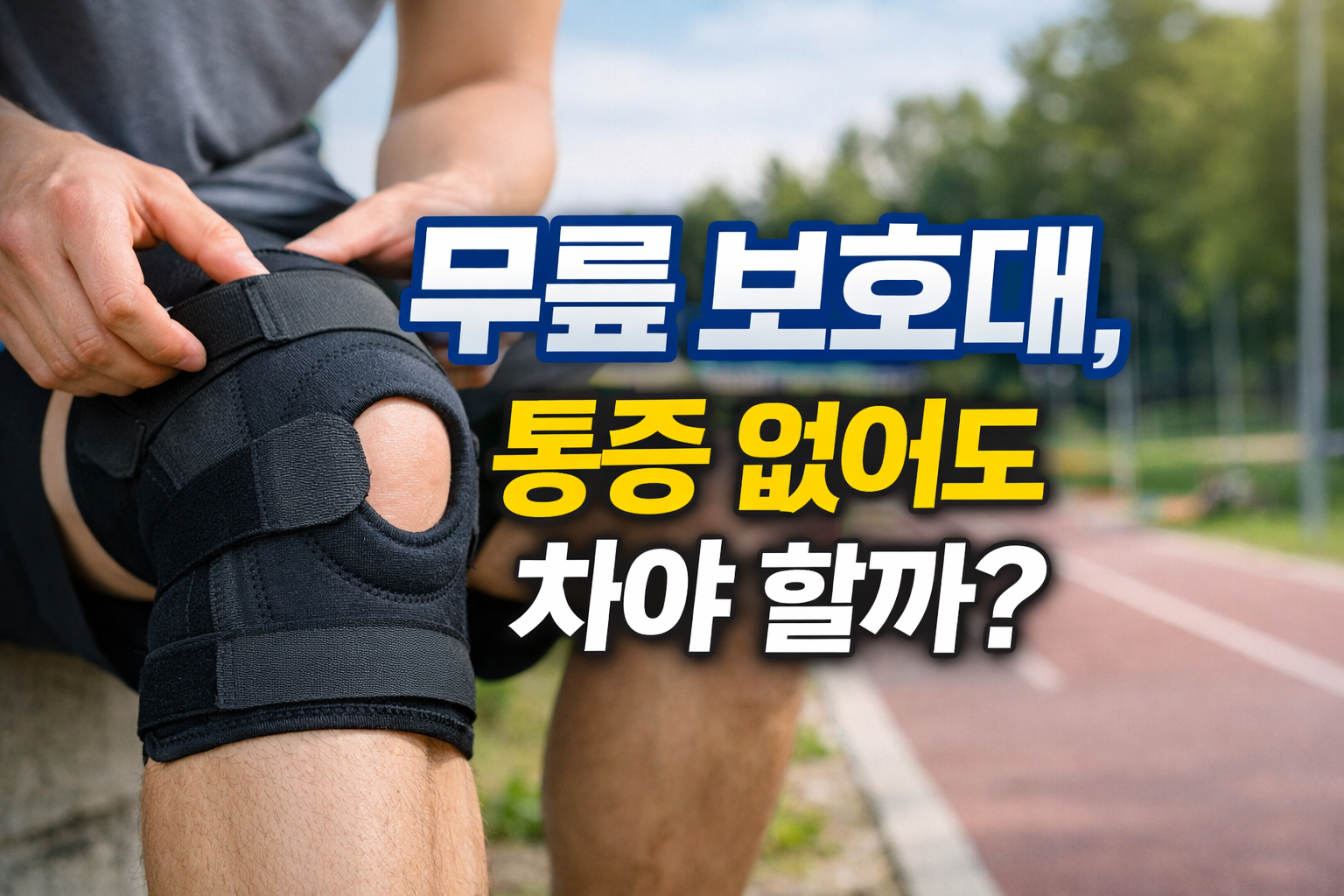 무릎 보호대를 착용한 상태로 운동 전 무릎을 잡고 있는 모습, 통증 없는 무릎 보호대 예방적 착용 여부