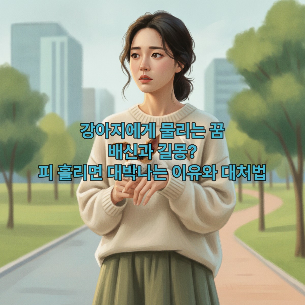 강아지에게 손을 물린 후 생각에 잠긴 한국 여성의 모습. 꿈 해몽에 대한 깊은 고민을 나타냄.