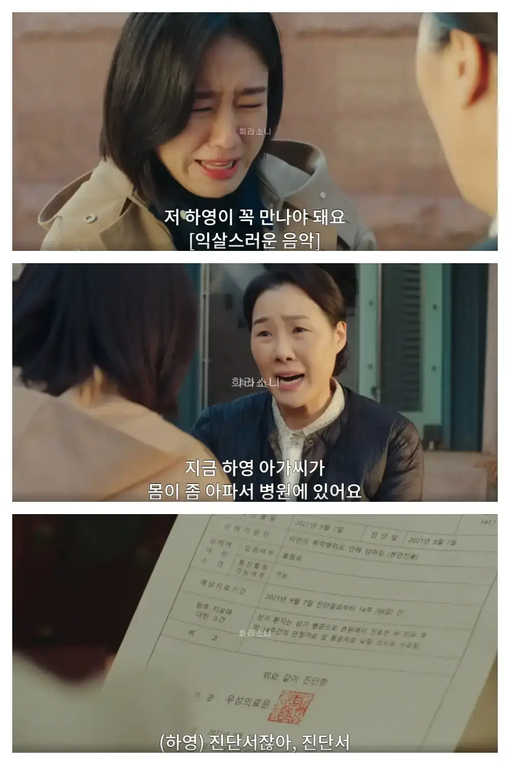 하영의 집에 찾아가 친구인 척 하는 미주의 모습. 가정부 아주머니는 하영이 몸이 아파서 병원에 있다고 얘기한다. 미주는 예전에 하영이 자신에게 준 가짜 진단서를 생각해낸다.