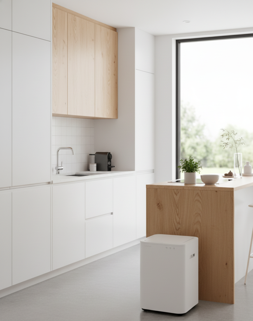 . 인더스트리얼 스타일의 주방에 음식물 처리기가 세련되게 어우러진 모습 