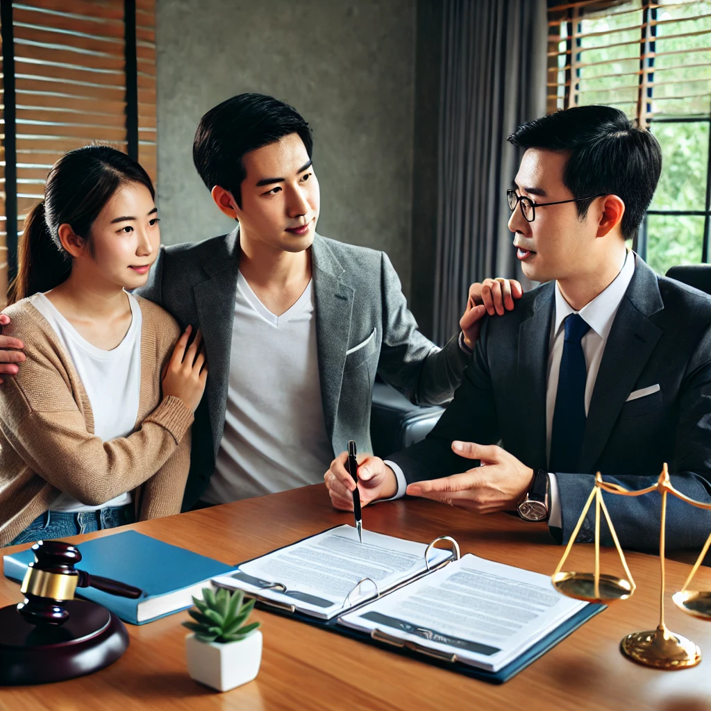 한 가족이 사무실에서 전문 변호사와 상속 문제를 논의하며 책상 위에 놓인 법률 문서를 검토하고 있습니다. 변호사는 지원적이고 이해심 많은 분위기를 조성하고 있습니다.