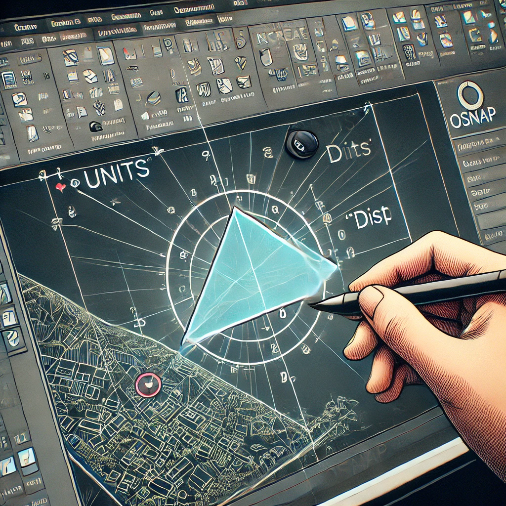 AutoCAD 인터페이스에서 다각형을 포함한 도면을 보여주며, 정확한 면적 계산을 위해 'UNITS' 명령어로 도면 단위를 설정하고, 'DIST' 명령어로 거리를 측정하는 모습. 또한, OSNAP 기능이 활성화되어 다각형의 각 꼭짓점에 정확히 맞춰진 스냅 포인트가 강조되어 있습니다.
