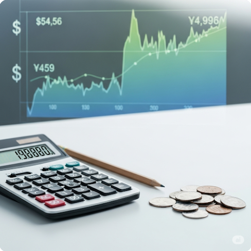 세금 계산기와 연필, 동전이 놓여있는 모습, 그 뒤로 달러와 엔화가 그려진 차트가 흐릿하게 보이는 이미지