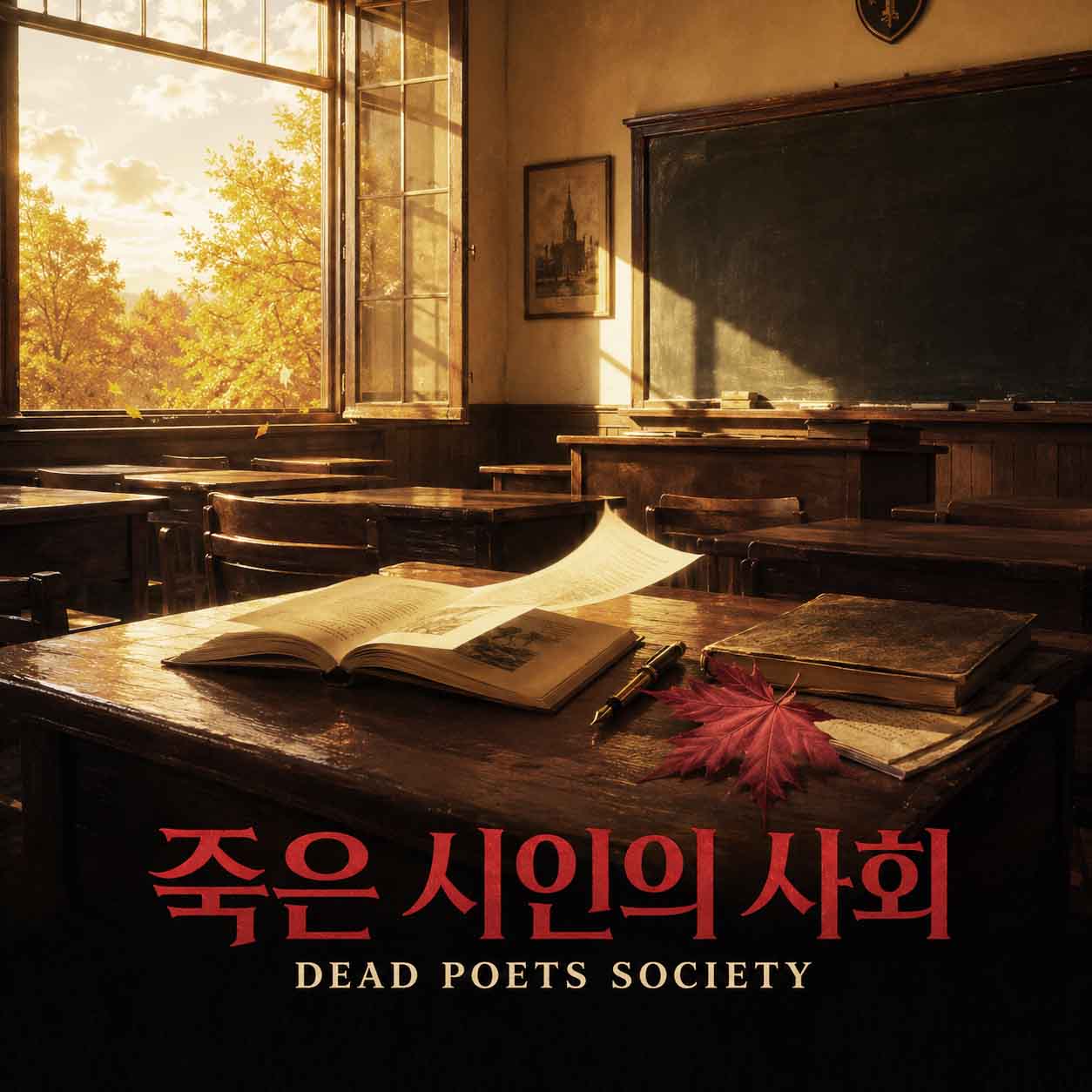죽은 시인의 사회 영화를 나타내는 이미지, 따뜻한 가을 햇살이 비치는 교실을 배경으로 나무 책상 위에 펼쳐진 책과 종이, 만년필과 붉은 단풍잎이 놓여 있는 장면
